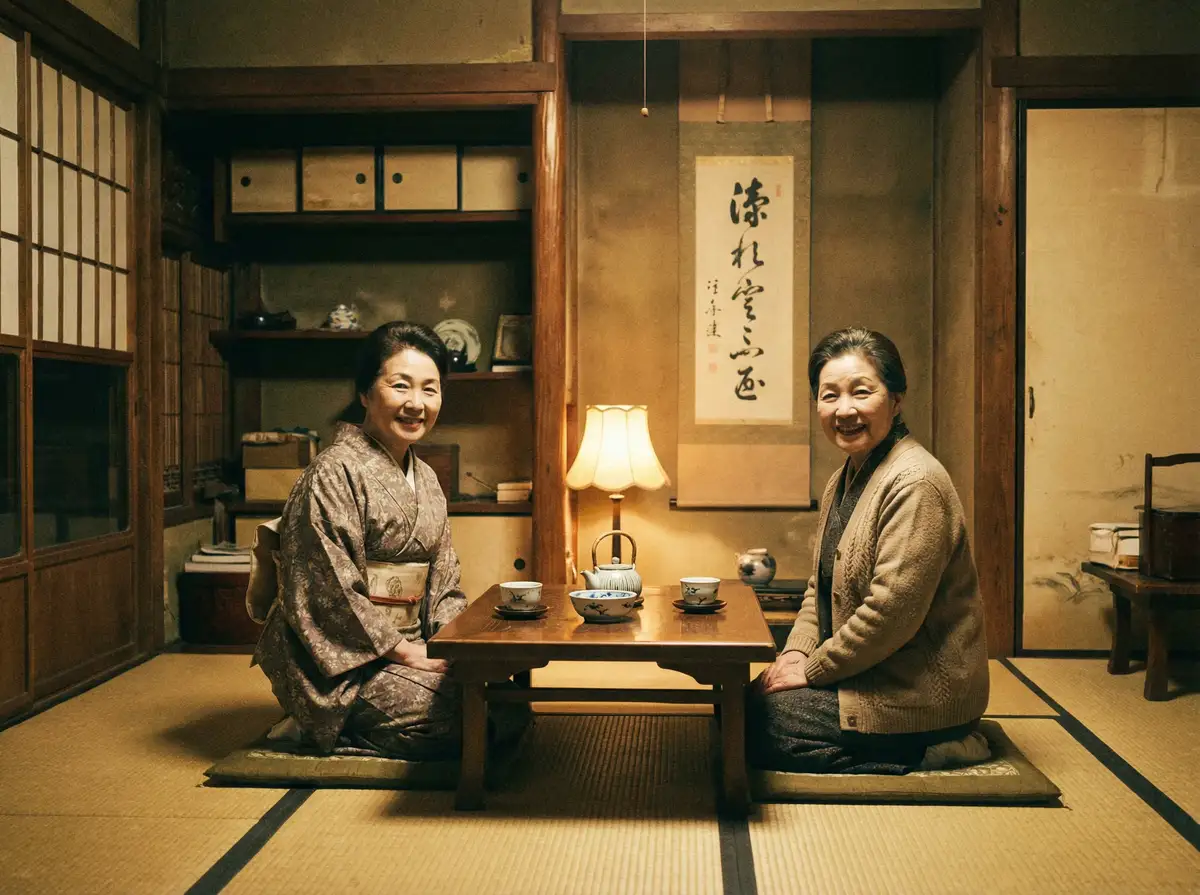 两位优雅的 卡一卡二卡三在线入口十八岁 在日式茶室中品茶交谈